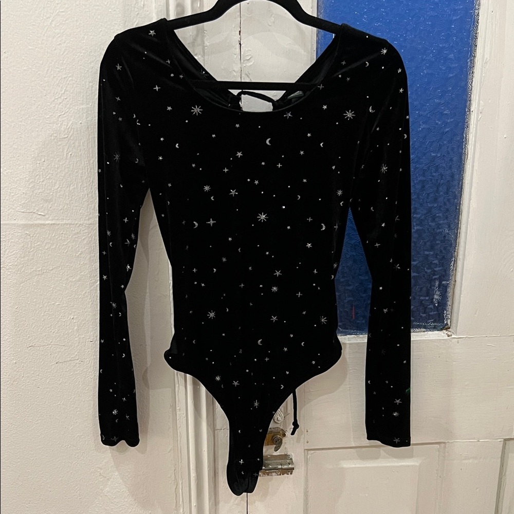 Wild Fable Black Velvet Celestial Print Bodysuit